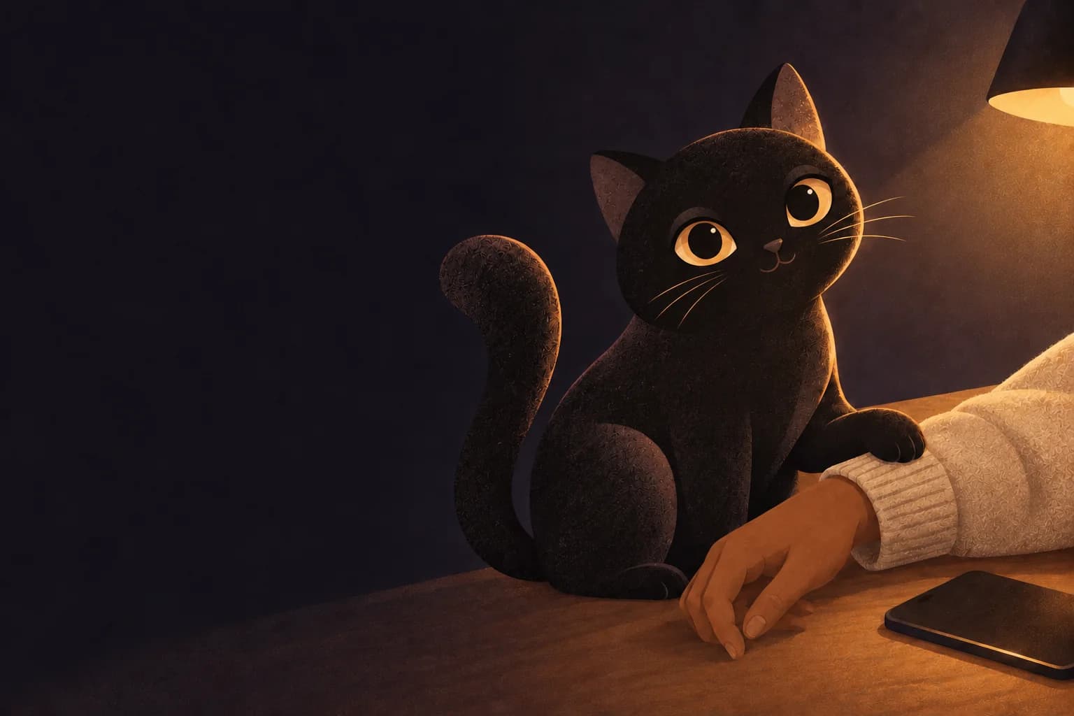 Late at night by lamplight, Soot the black cat rests one paw on a person's forearm beside a face-down phone