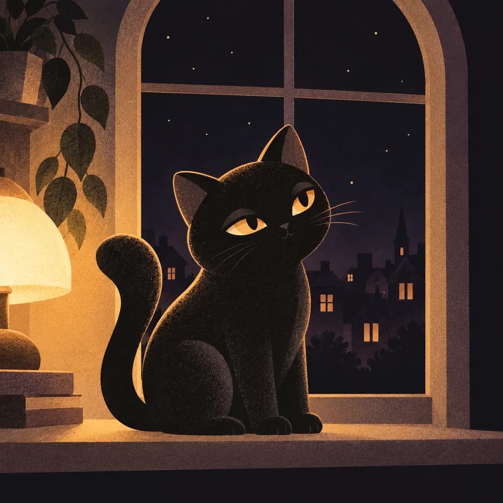 Soot the black cat sitting by a lamplit window at night