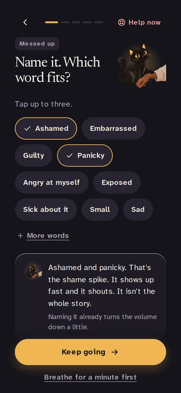 Name it: feeling words for a mistake, with Ashamed and Panicky picked