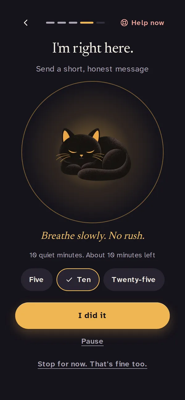 Stay with me: Soot the cat asleep inside a slow breathing ring, ten quiet minutes